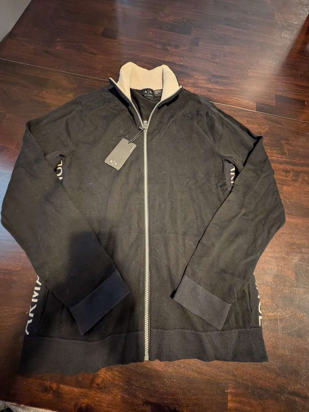 A/X Armani Exchange Black Zip-Up Sweater with Cream Contrast Collar, Men's M
